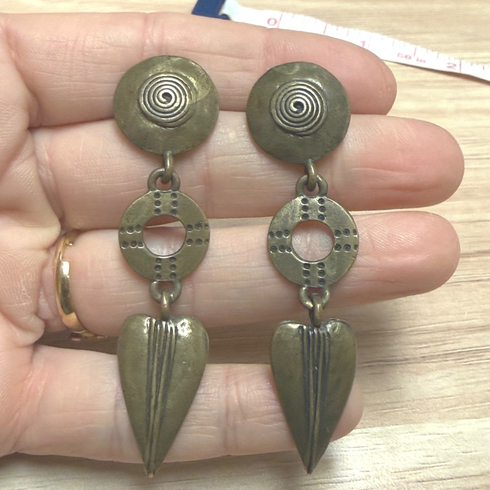 Vintage Bronze Tone Geometric Spiral Heart Drop Dangle Earrings Antiqued Boho